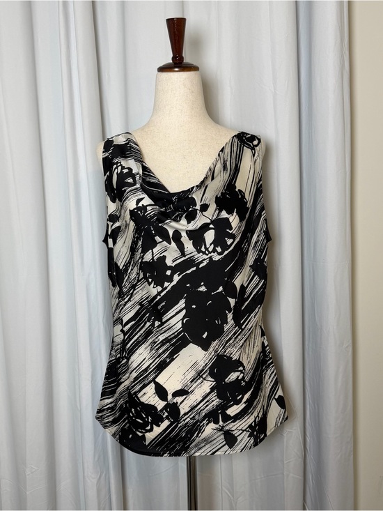 St. John Tops - St John Silk Cowl Neck Shell Top Medium Black Cream Abstract Floral Sleeveless